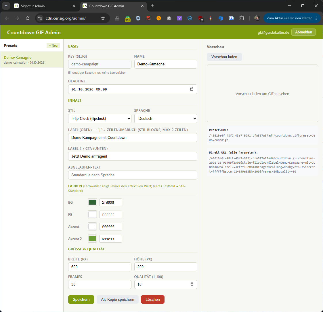 GIF-Service Admin: Countdown-Kampagnen mit Deadline, Stil und Farben