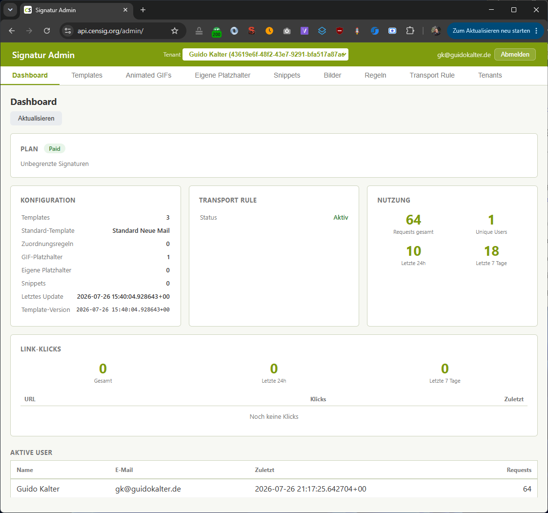 Dashboard: Nutzung, Link-Klicks und Transport-Rule-Status