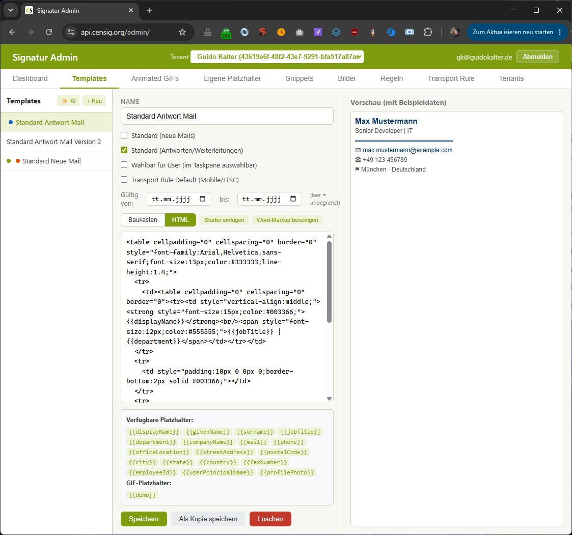 Template-Editor mit HTML-Bearbeitung und Live-Vorschau