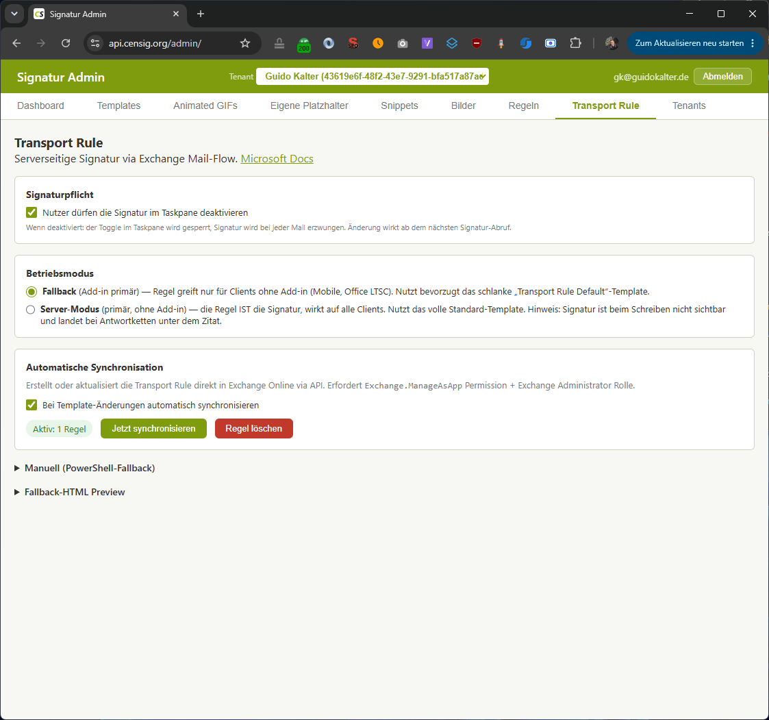 Transport Rule: serverseitiger Fallback mit Auto-Sync